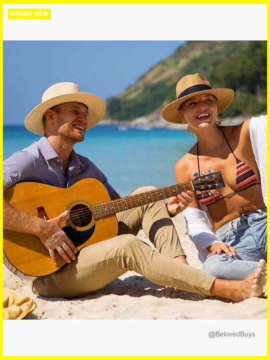 Wide Brim Straw Panama Fedora Hat UPF 80 Sun Protection Summer Beach